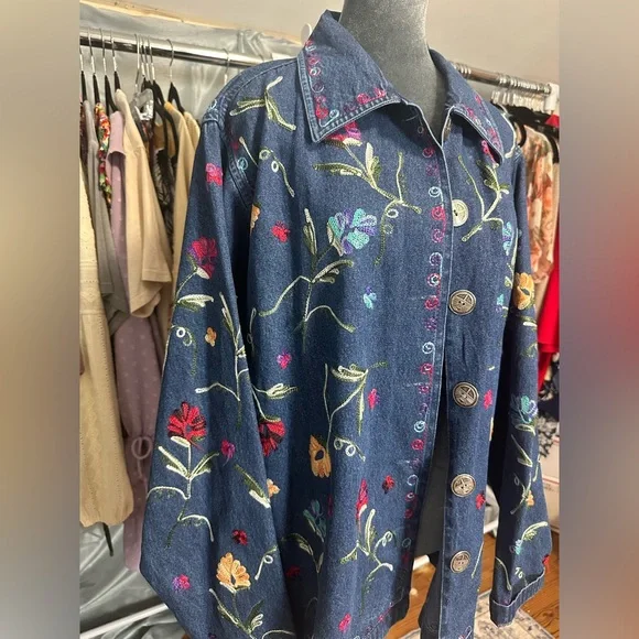 New Directions Blue Jean Jacket with Floral Embroidery - Picture 2 of 5